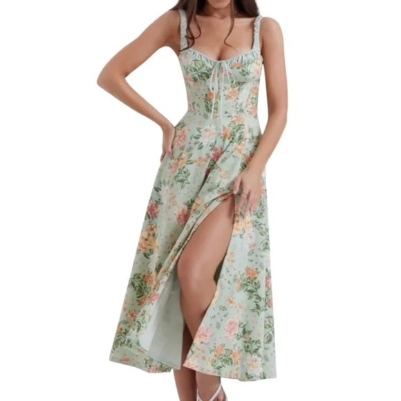 House of CB Sabrina Floral Print Corset Bustier Midi Floral Dress with Box - Picture 4 of 15